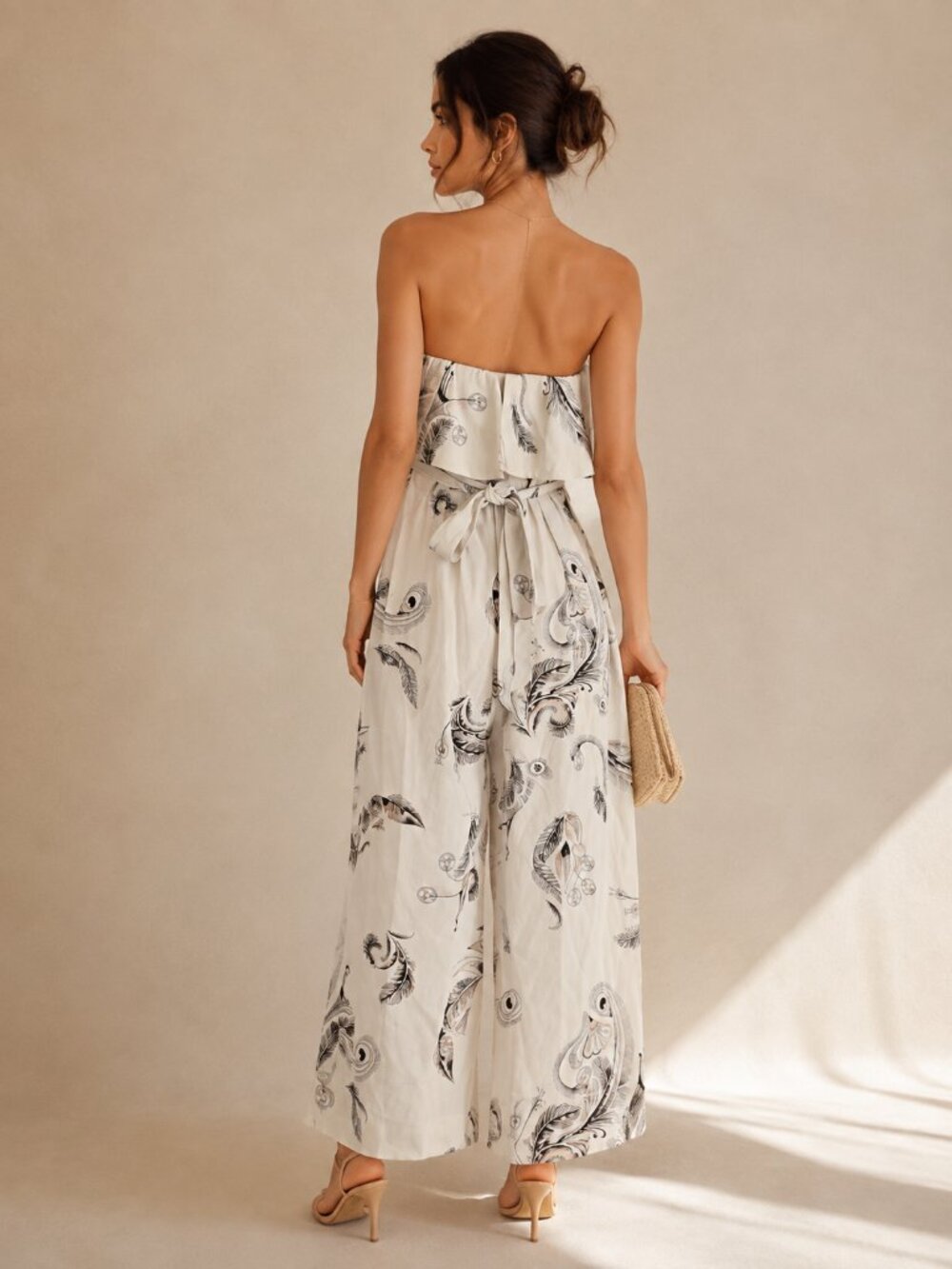 Babaton Strapless Ruffle Wide Leg Jumpsuit Floral Paisley Ivory Size 8 - Picture 2 of 6
